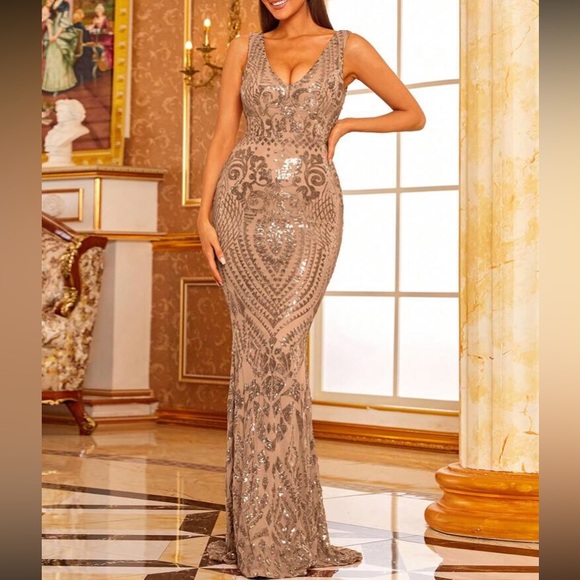 Luxe plus size V neck sequins maxi dress apricot - Picture 5 of 8